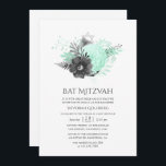 Invitación Aqua y Charcoal Floral Rustic Bat Mitzvah<br><div class="desc">Invitación rústica de mitzvah de murciélago floral de color de agua vintage con acentos de azul acuático y negro de carbón.</div>