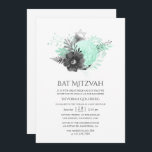 Invitación Aqua y Charcoal Floral Rustic Bat Mitzvah<br><div class="desc">Invitación rústica de mitzvah de murciélago floral de color de agua vintage con acentos de azul acuático y negro de carbón.</div>