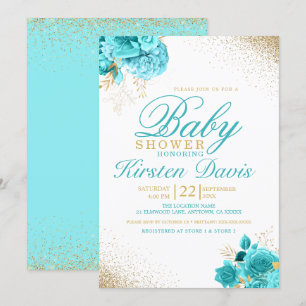Invitación Aqua y el Purpurina de oro Floral Boy Baby Shower