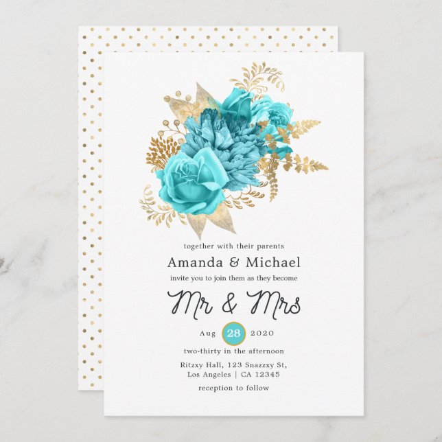 Invitación Aqua y Gold Floral Boda (Anverso / Reverso)