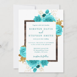 Invitación Aqua y Gold Floral Rustic Wood Boda