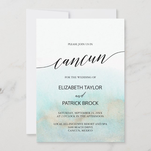Invitación Aqua y Gold Watercolor Beach Boda de Cancún (Anverso)