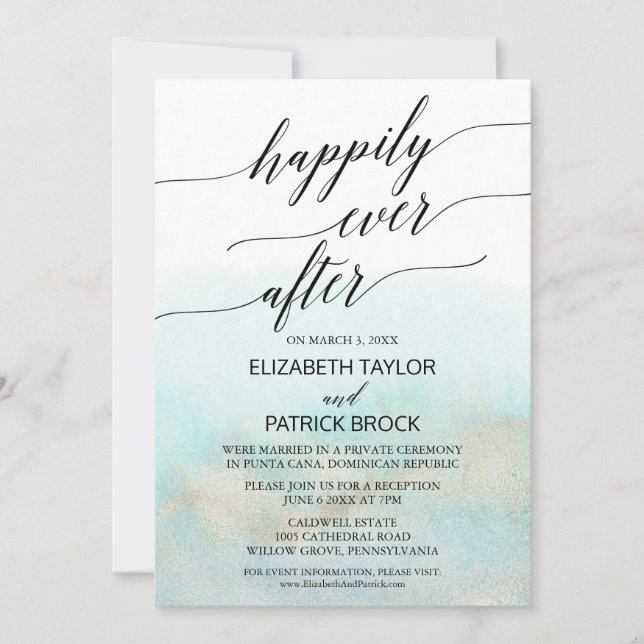 Invitación Aqua y Gold Watercolor Beach Elopement (Anverso)