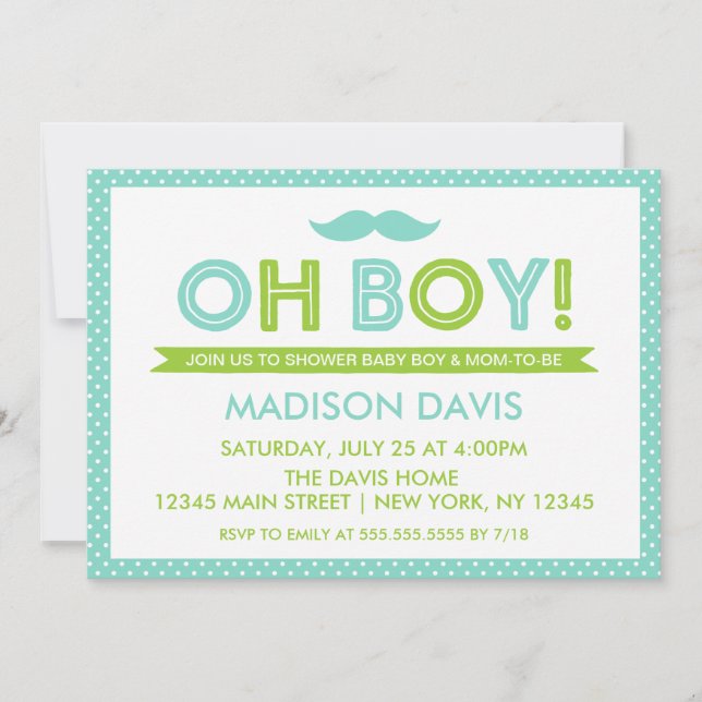 Invitación Aqua y Lime Green Polka Dot Oh Boy Baby Shower (Anverso)