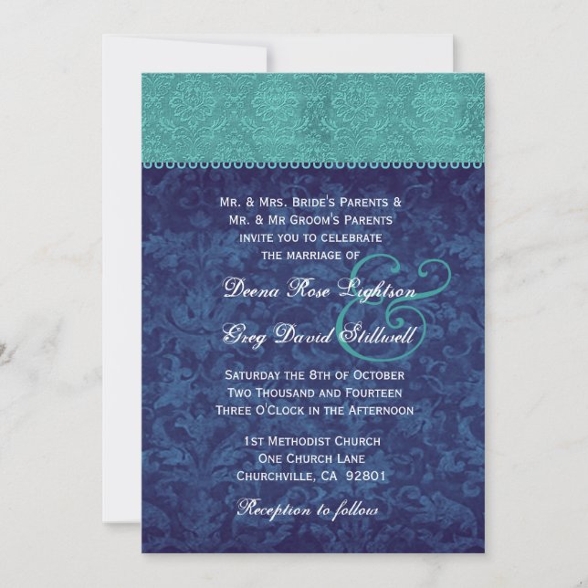 Invitación Aqua y Navy Blue Damask Dos Bodas de tono V326 V2 (Anverso)