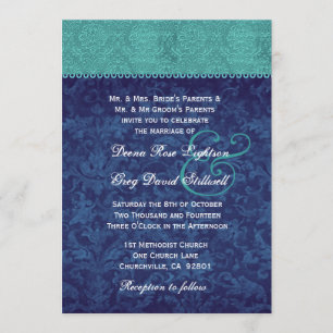 Invitación Aqua y Navy Blue Damask Dos Bodas de tono V326 V2