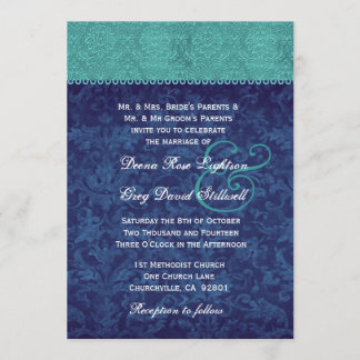 Invitación Aqua y Navy Blue Damask Dos Bodas de tono V326 V2