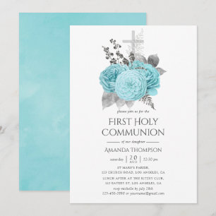 Invitación Aqua y Plata Rosas Vintage Shabby Primera Comunión