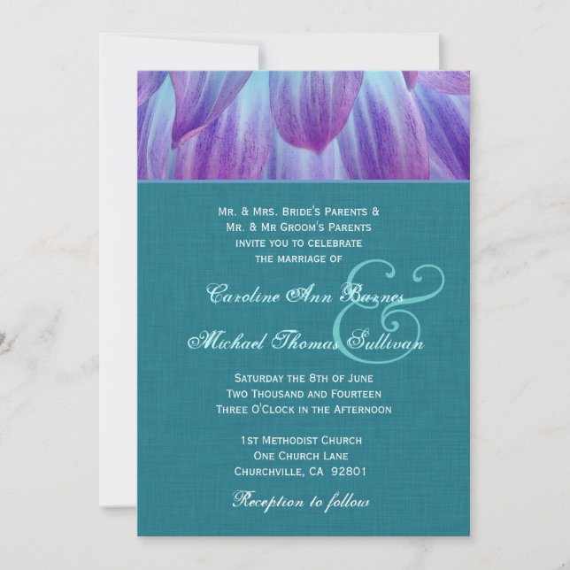 Invitación Aqua y Purple Dahlia Boda Verde azulado de Linen L (Anverso)