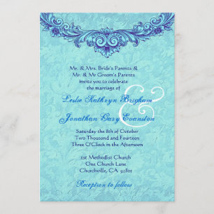 Invitación Aqua y Royal Blue Vintage Monograma Boda H346