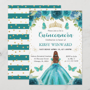 Invitación Aqua y Verde azulada vestimenta princesa de pelo r