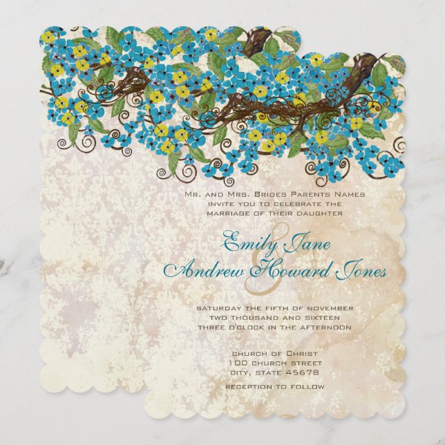 Invitación Aqua Yellow Cherry Blossom Tea Stain Invitations (Anverso / Reverso)