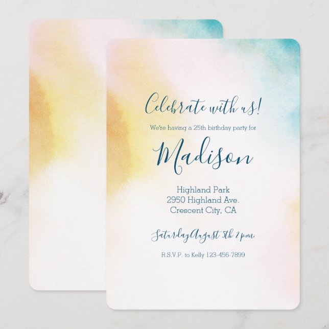 Invitación Aqua Yellow Gold Rubor Tie Dye Ombre (Anverso / Reverso)
