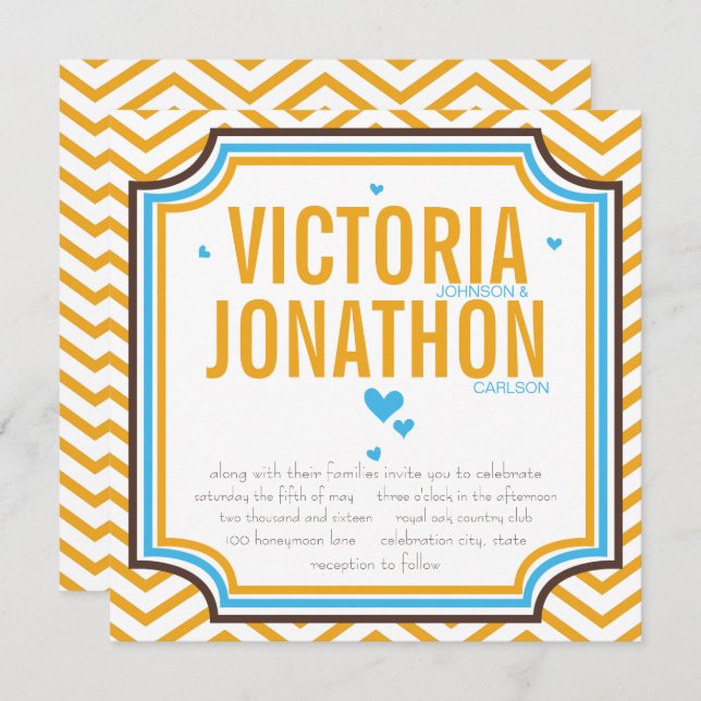 Invitación Aqua Yellow Modern Zig Zag Typography Boda (Anverso / Reverso)