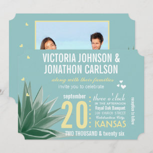 Invitación Aqua Yellow Succulum Typography Boda
