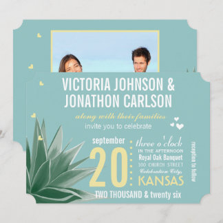 Invitación Aqua Yellow Succulum Typography Boda