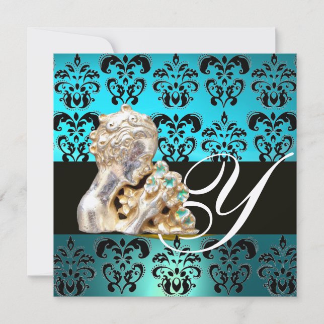 INVITACIÓN AQUAMARINA AZUL NEGRO, BLANCO DAMASK JEWEL MONOGRA (Anverso)
