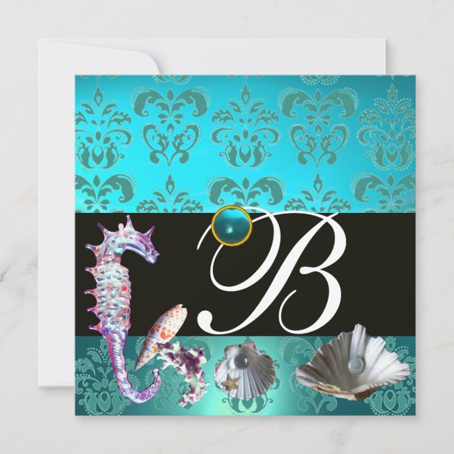 INVITACIÓN AQUAMARINE AZUL DAMASK BEACH BODA MONOGRAM (Anverso)