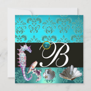 INVITACIÓN AQUAMARINE AZUL DAMASK BEACH BODA MONOGRAM
