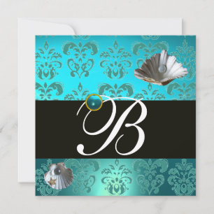 INVITACIÓN AQUAMARINE AZUL DAMASK BEACH BODA MONOGRAM
