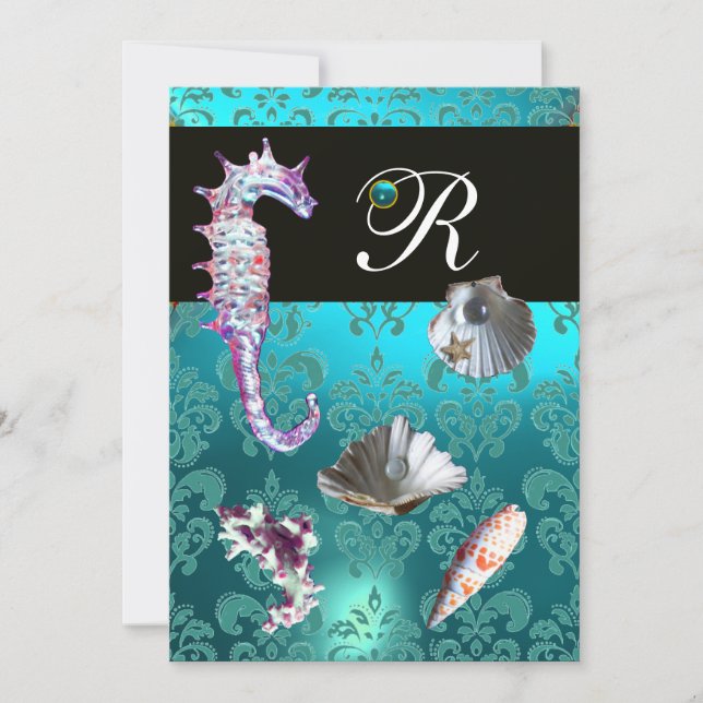 INVITACIÓN AQUAMARINE AZUL DAMASK BEACH BODA MONOGRAM (Anverso)