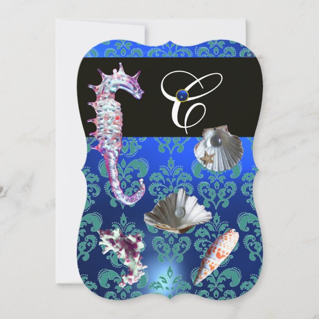 INVITACIÓN AQUAMARINE AZUL DAMASK BEACH BODA MONOGRAM (Anverso)