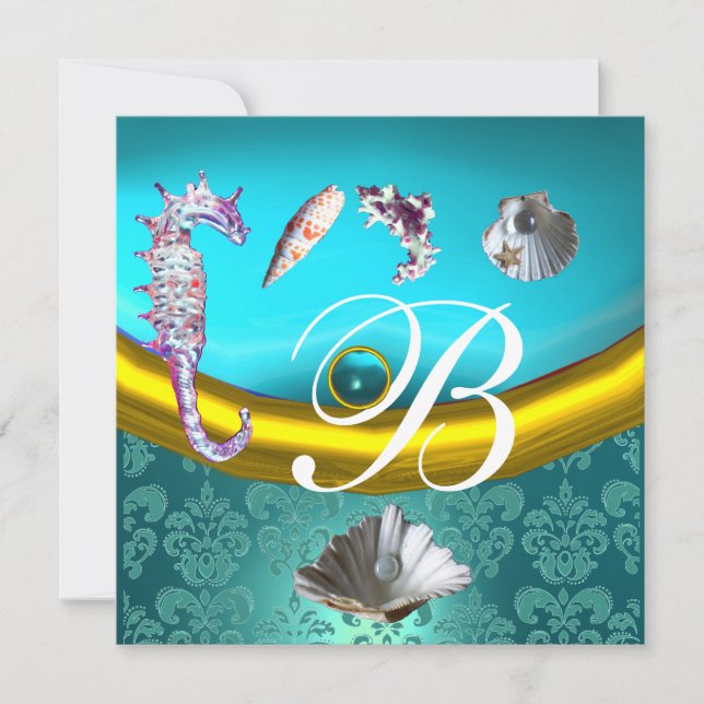 INVITACIÓN AQUAMARINE AZUL DAMASK BEACH BODA MONOGRAM (Anverso)