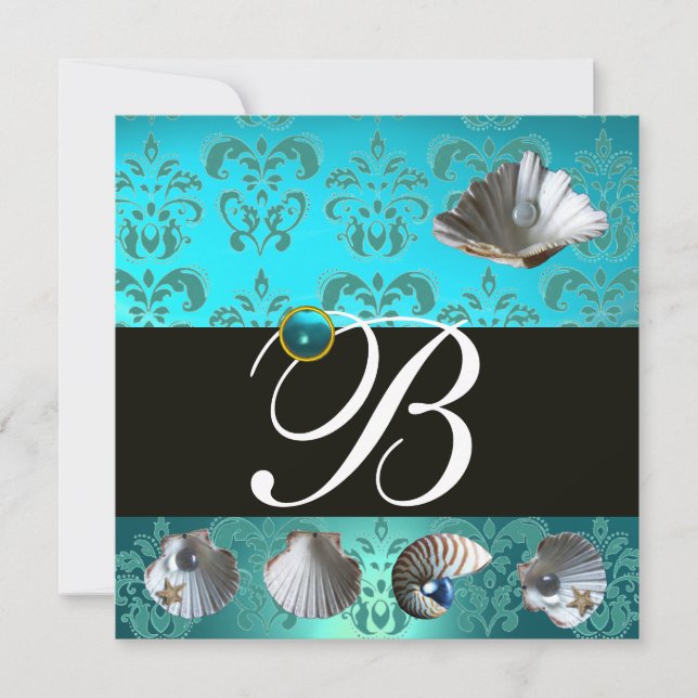 INVITACIÓN AQUAMARINE AZUL DAMASK BEACH BODA MONOGRAM (Anverso)