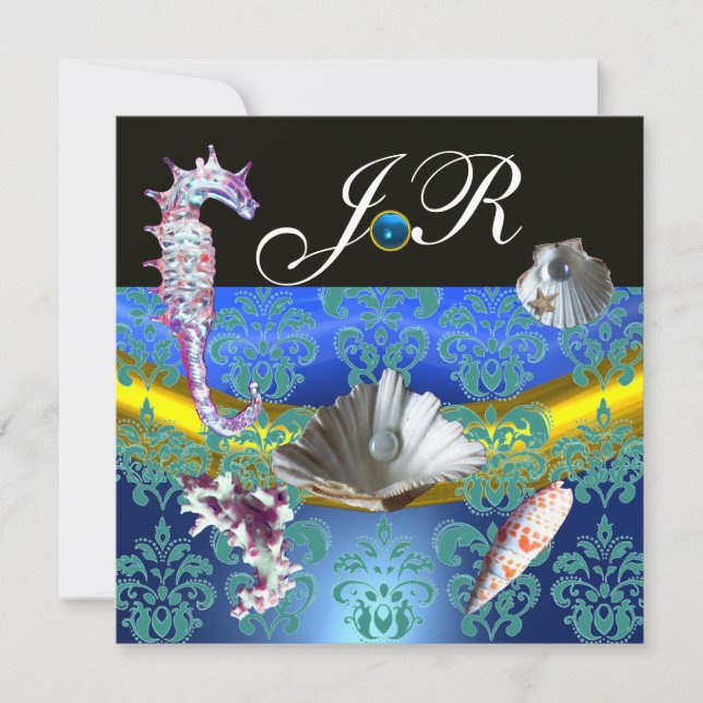 INVITACIÓN AQUAMARINE AZUL DAMASK BEACH BODA MONOGRAM (Anverso)
