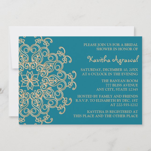 Invitación AQUAMARINE BLUE and Gold Indian Bridal Shower (Anverso)