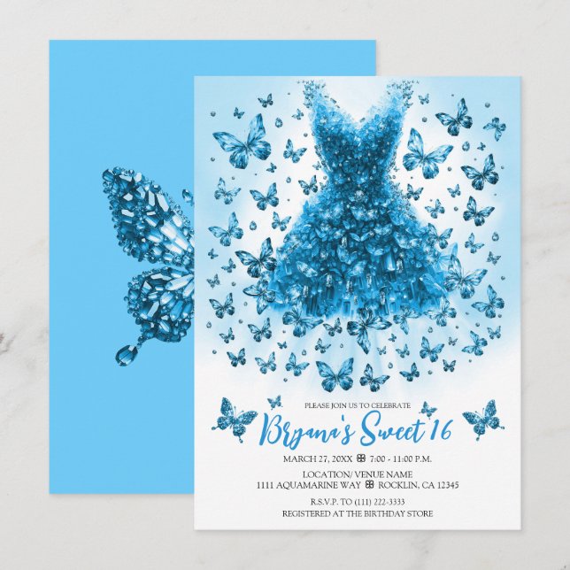 Invitación Aquamarine Blue Butterfly Vestido Marzo Birthstone (Anverso / Reverso)