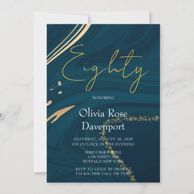 Invitación Aquamarine Gold Alcohol Ink 80 cumpleaños (Anverso)