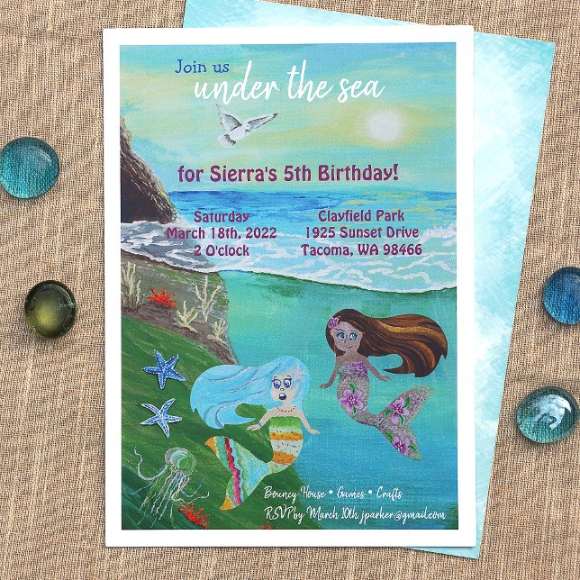 Invitación Aquamarine, Pink, Fiesta de Cumpleaños de la Siren (Girl's Happy Birthday, Mermaids, Undersea Adventure, Octopus Party Invitations)