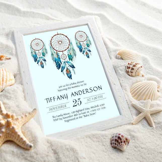 Invitación Aquamarine Watercolor Dreamcatcher Baby Shower (Aquamarine Watercolor Dreamcatcher Baby Shower Invitation)