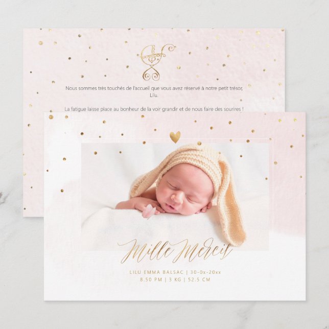 Invitación Aquarelle Confettis Agradecimiento Nacimiento Niña (Anverso / Reverso)