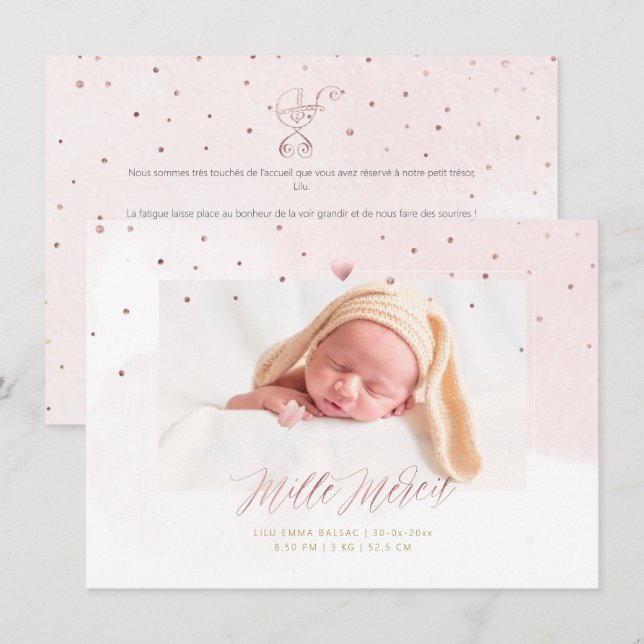 Invitación Aquarelle Confettis Remerciement Naege Fille (Anverso / Reverso)