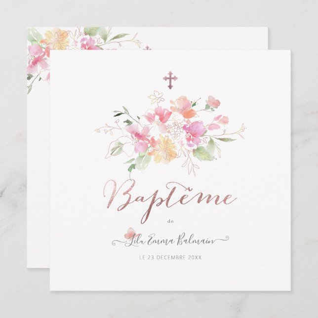 Invitación Aquarelle Fluers de Pois Faire-part de Baptême (Anverso / Reverso)