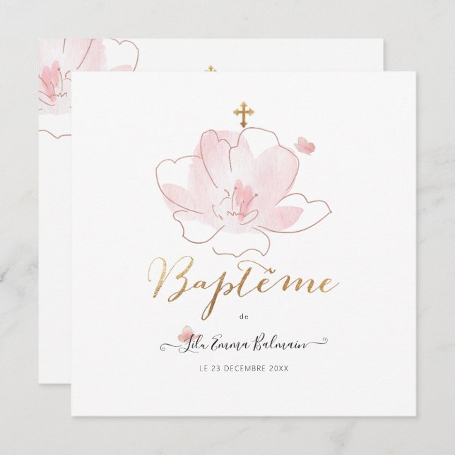 Invitación Aquarelle Les Fluers Faire-part de Baptême (Anverso / Reverso)