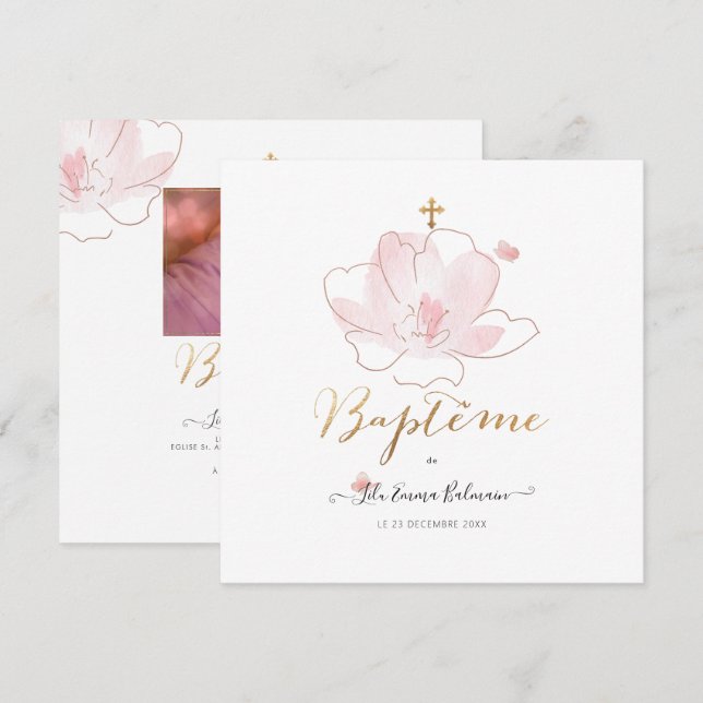 Invitación Aquarelle Les Fluers  Faire-part de Bautismo (Anverso / Reverso)