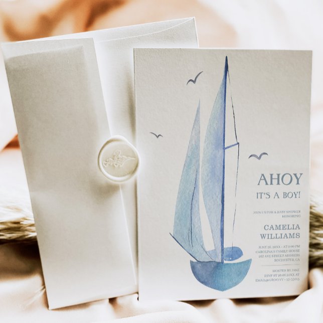 Invitación Aquarelle mínima barco de vela Baby Shower Ahoy Bo (Subido por el creador)