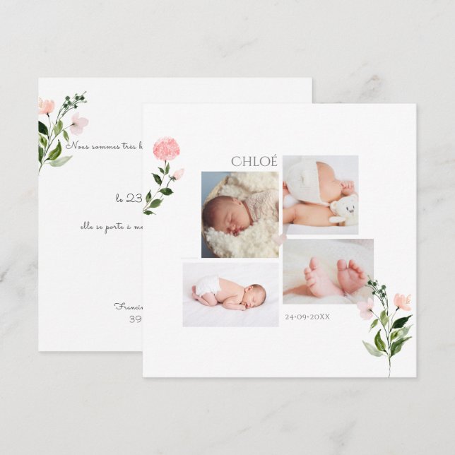 Invitación Aquarelle petites fleurs Faire-part de Naaissance (Anverso / Reverso)