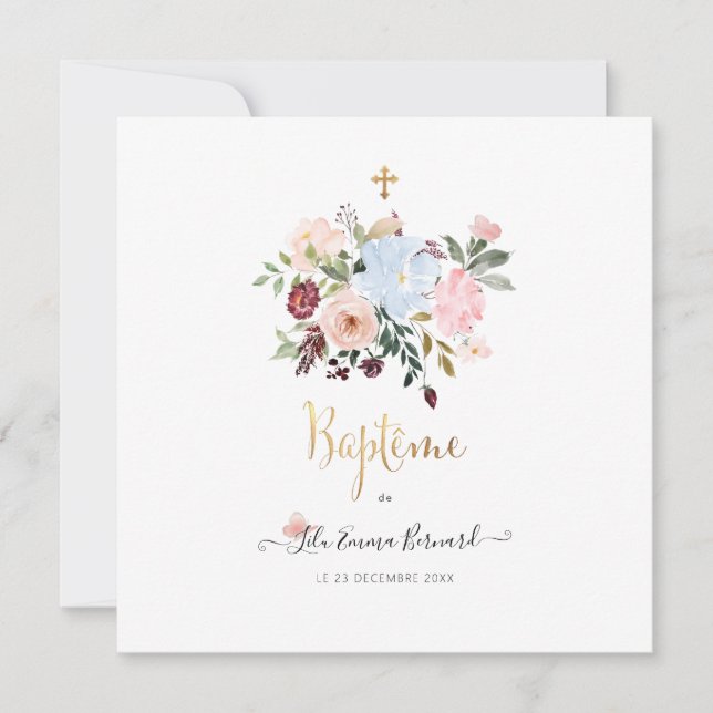 Invitación Aquarelle Petites Fluers Faire-part de Baptême (Anverso)