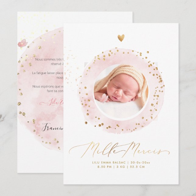 Invitación Aquarelle Remerciement Naege Fille (Anverso / Reverso)