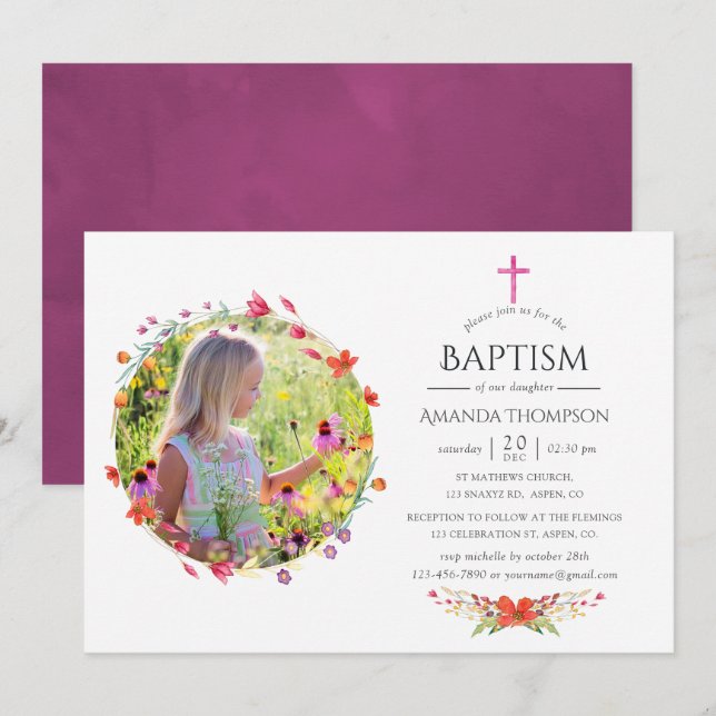 Invitación Aquarelle Wildflower Baptismo o Christening (Anverso / Reverso)