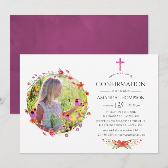 Invitación Aquarelle Wildflower Baptismo o Christening (Anverso / Reverso)