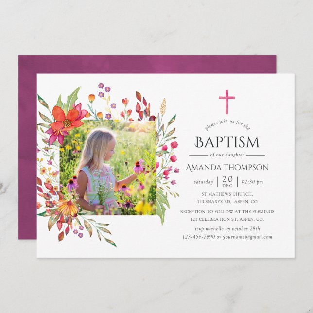 Invitación Aquarelle Wildflower Baptismo o Christening (Anverso / Reverso)