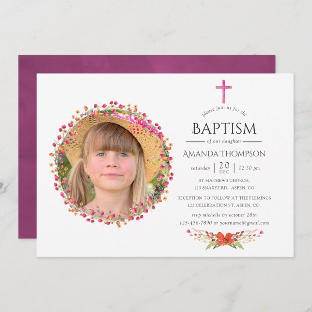 Invitación Aquarelle Wildflower Baptismo o Christening (Anverso / Reverso)