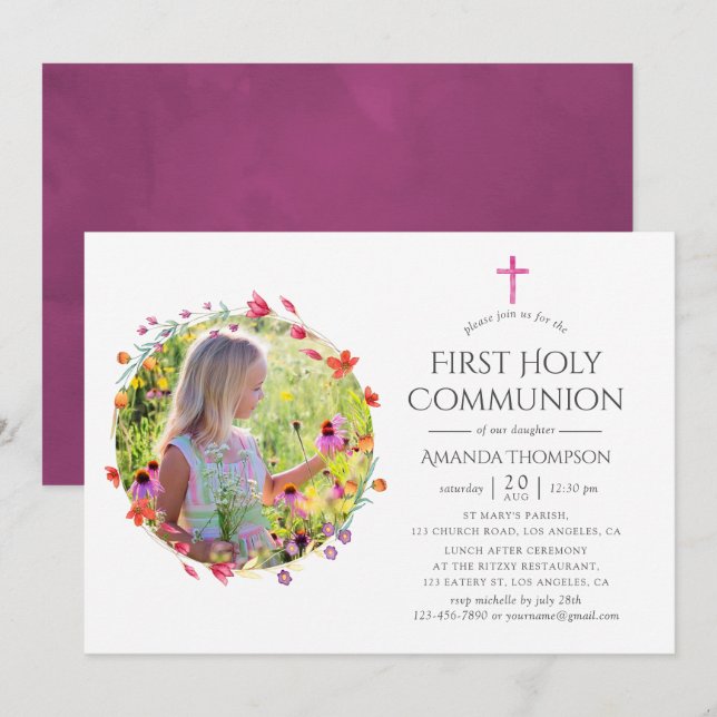 Invitación Aquarelle Wildflower Baptismo o Christening (Anverso / Reverso)
