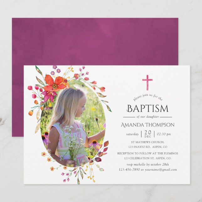 Invitación Aquarelle Wildflower Baptismo o Christening (Anverso / Reverso)