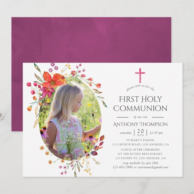 Invitación Aquarelle Wildflower Primera Comunión Santa (Anverso / Reverso)